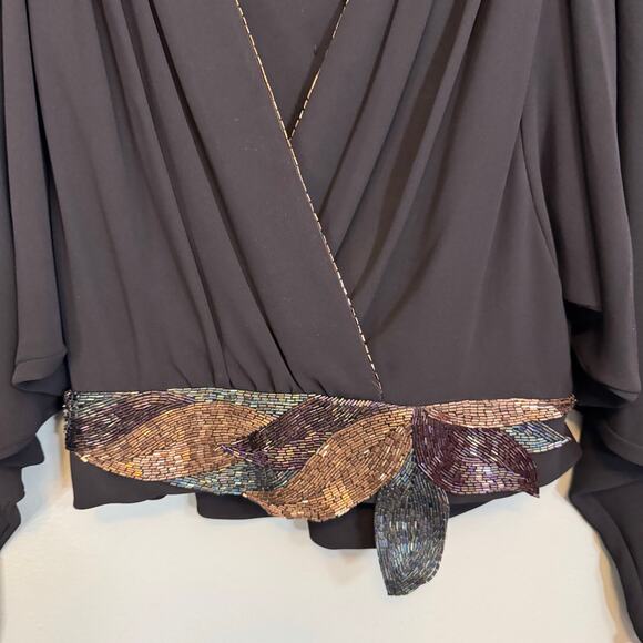 VTG Denise Fashions Blouse M Black Pleated Surplice Sheer Batwing Beaded Hem USA - Picture 10 of 10